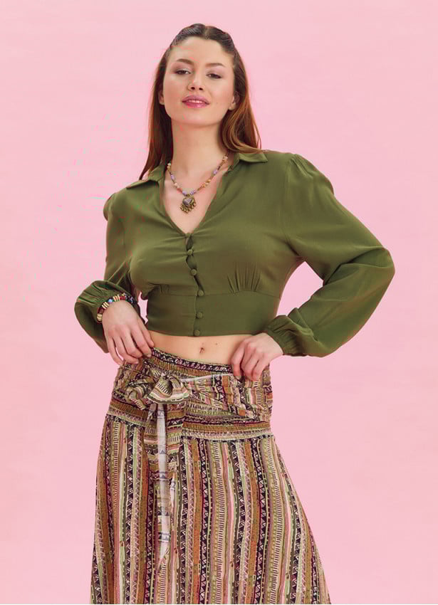 Khaki Bohemian Blouse with Shirt Collar Button Detail 4433